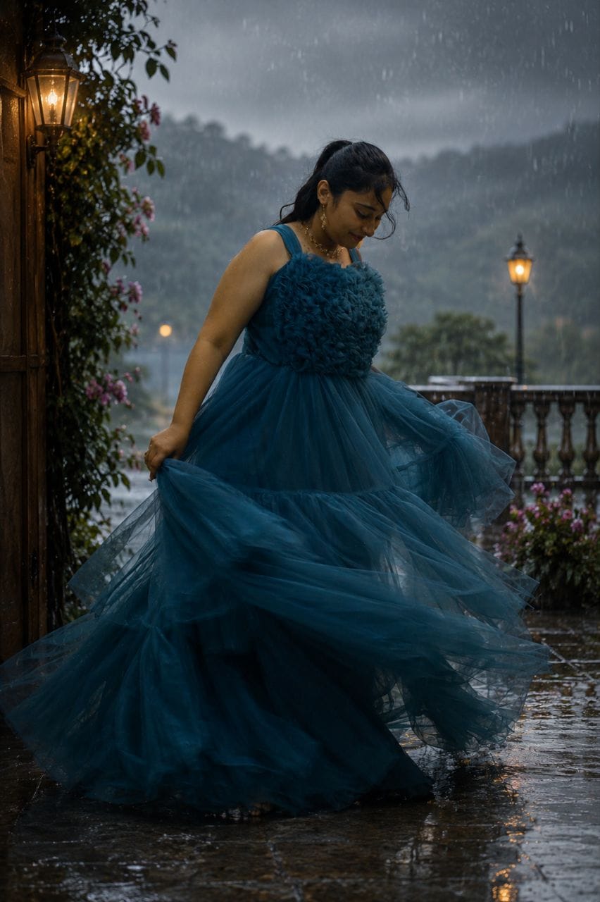 Deep Teal Ruffled Tulle Gown